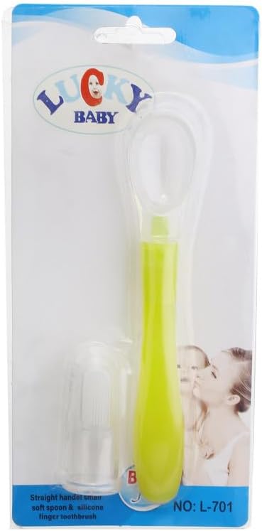 Lucky Baby L-701 Silicone Straight Handel Small Soft Spoon With Silicone Finger Toothbrush BPA Free For Kids Red