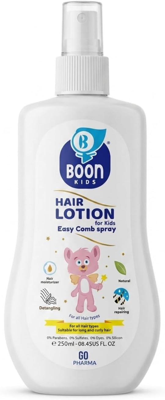 Boon Kids Hair Lotion Spray 250ml | Instant Leave-In Detangler & Frizz Control Spray for All Hair Types - With Shea Butter, Argan, Jojoba & Coconut Oils - Sulfate, Silicone & Paraben Free - 6+ Months